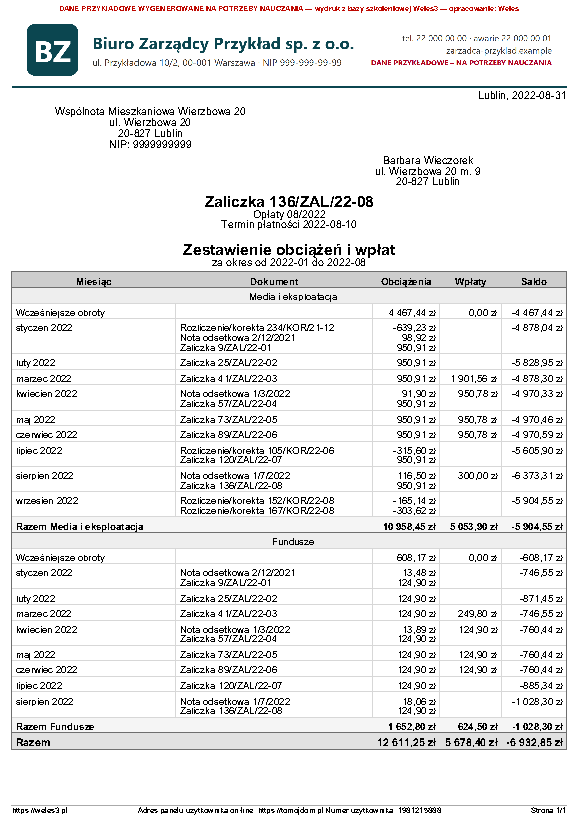 Przykładowy wydruk: Kartoteka konta (miesiącami)