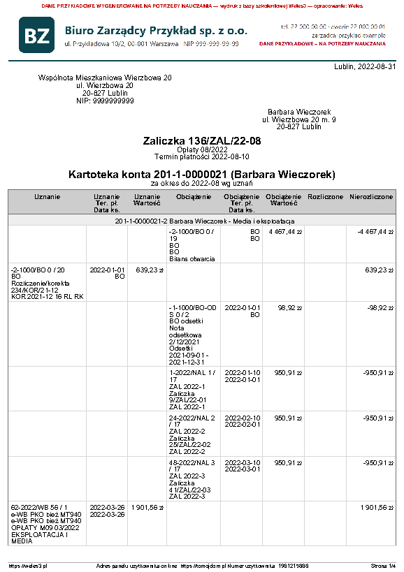 Przykładowy wydruk: Kartoteka - rozrachunki
