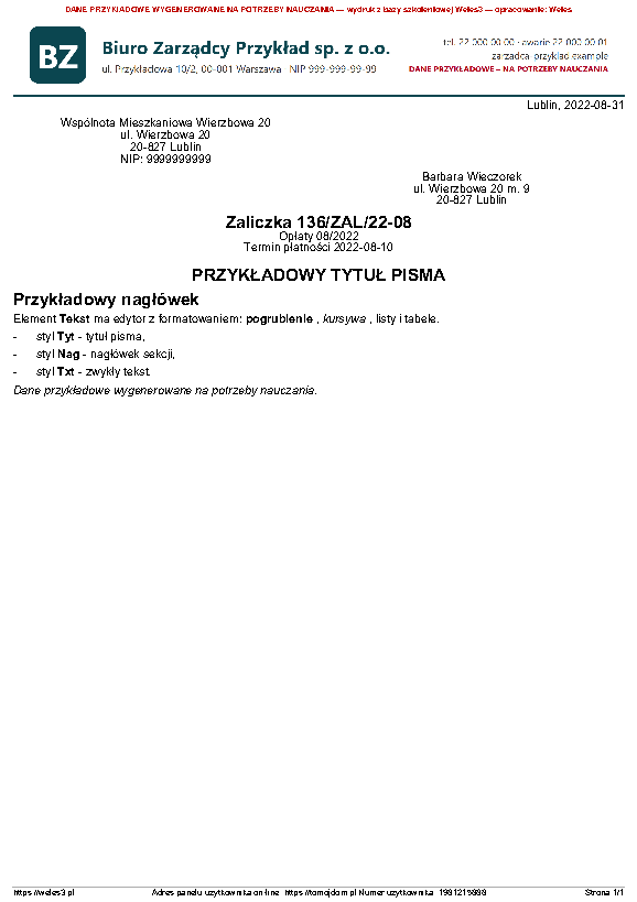 Przykładowy wydruk: Tekst