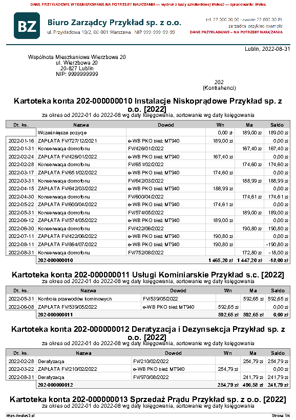 Przykładowy wydruk: Kartoteka konta