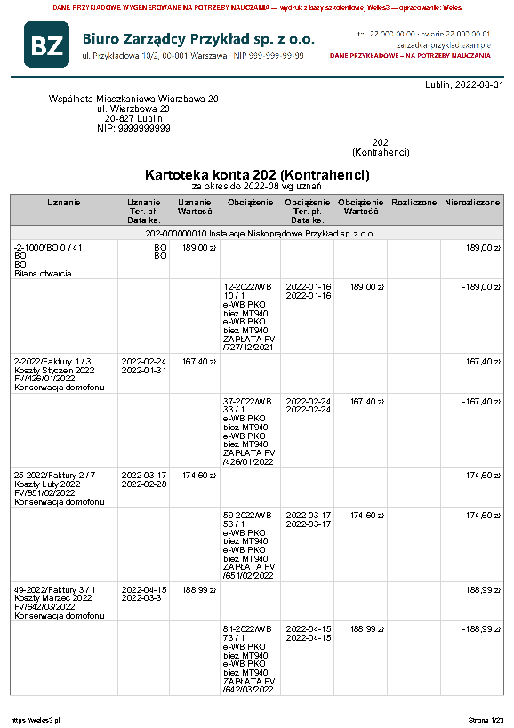 Przykładowy wydruk: Kartoteka - rozrachunki