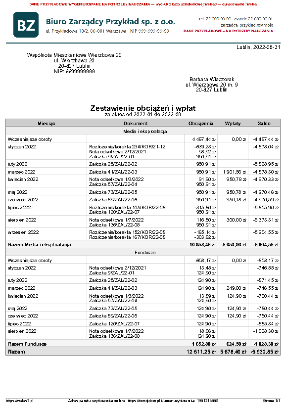 Przykładowy wydruk: Kartoteka konta (miesiącami)