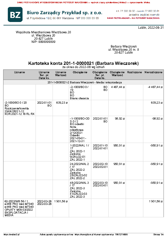 Przykładowy wydruk: Kartoteka - rozrachunki