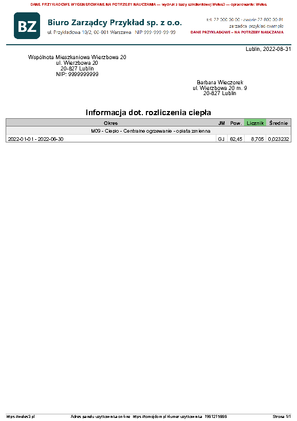 Przykładowy wydruk: Rozliczenie ciepła