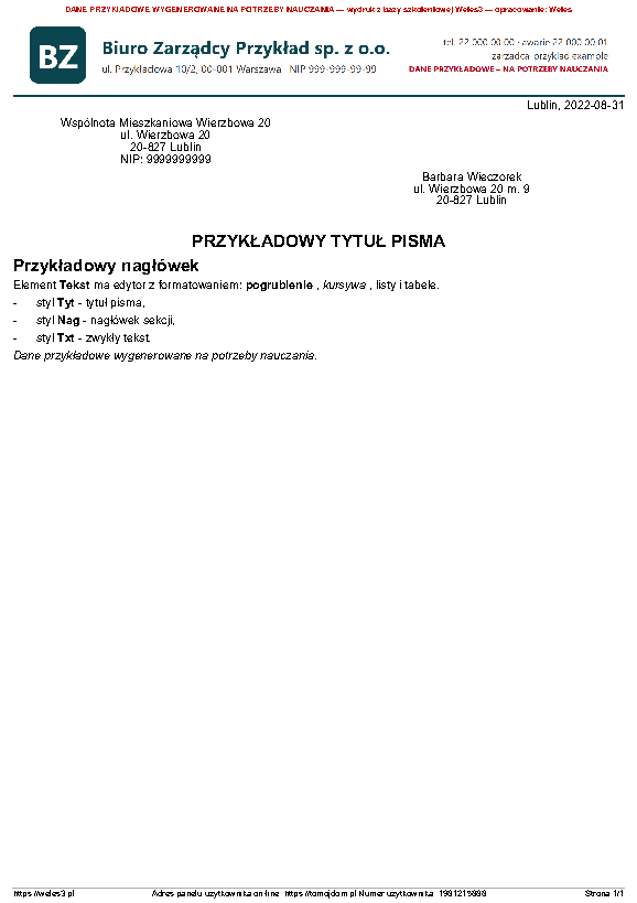 Przykładowy wydruk: Tekst