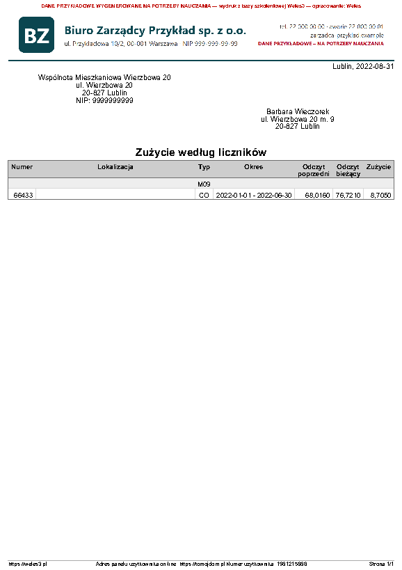 Przykładowy wydruk: Zużycia liczników