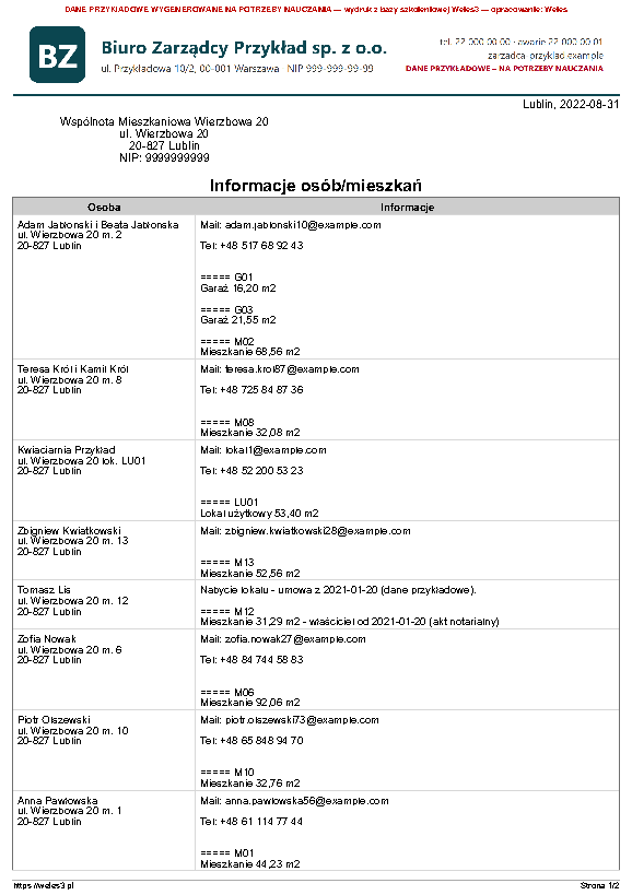Przykładowy wydruk: Inf. osób/mieszkań