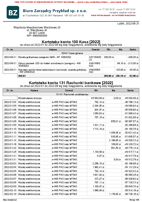 Przykładowy wydruk: Kartoteka konta