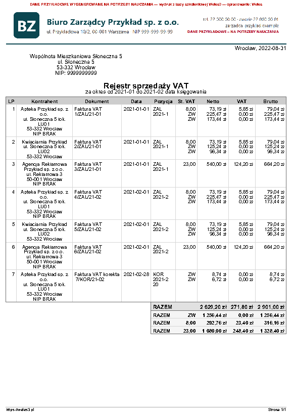 Przykładowy wydruk: Rejestr VAT