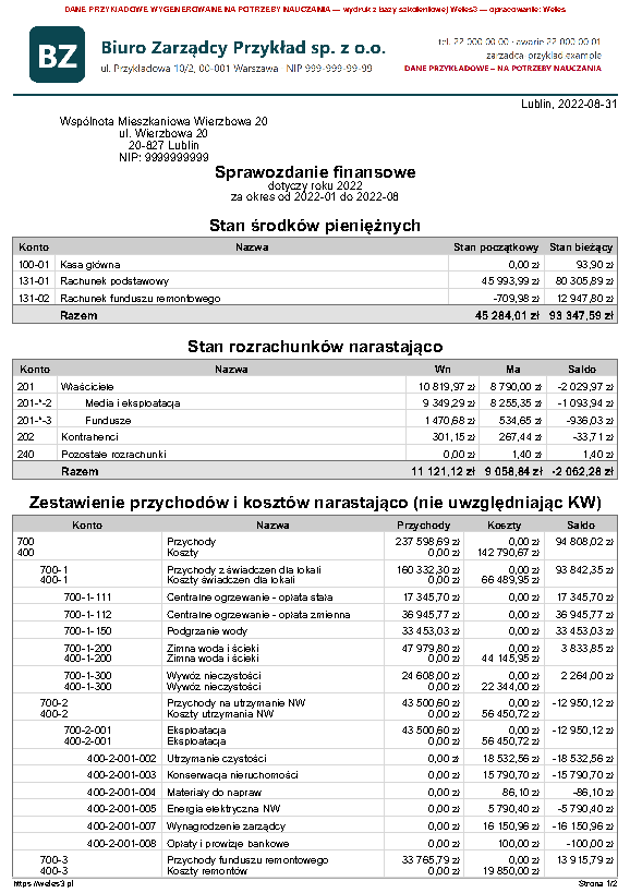 Przykładowy wydruk: Sprawozdanie finansowe