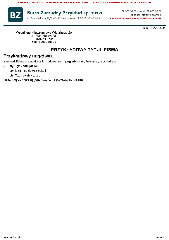 Przykładowy wydruk: Tekst