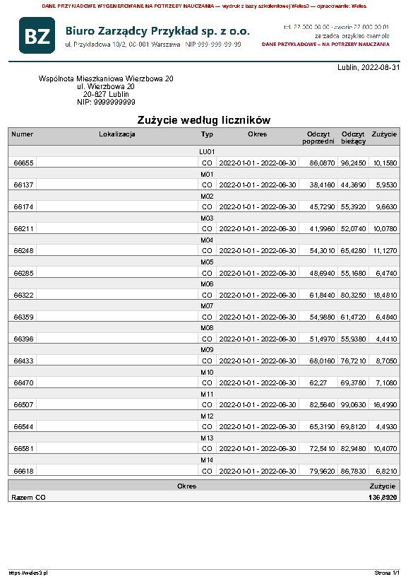 Przykładowy wydruk: Zużycia liczników