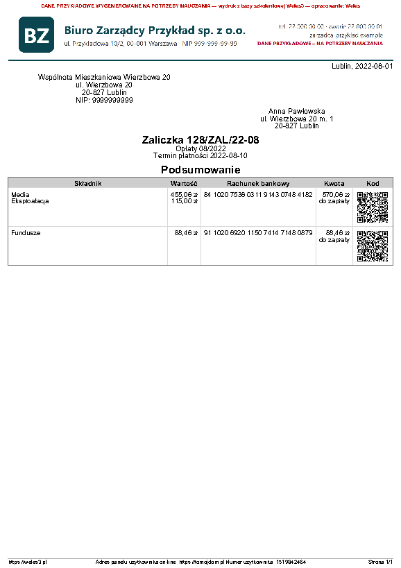 Przykładowy wydruk: Wykaz do zapłaty – Kody QR: Drukuj