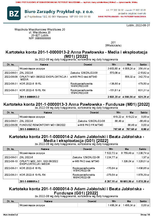 Przykładowy wydruk: Kartoteka konta – Poziom stronicowania: Analityka 1
