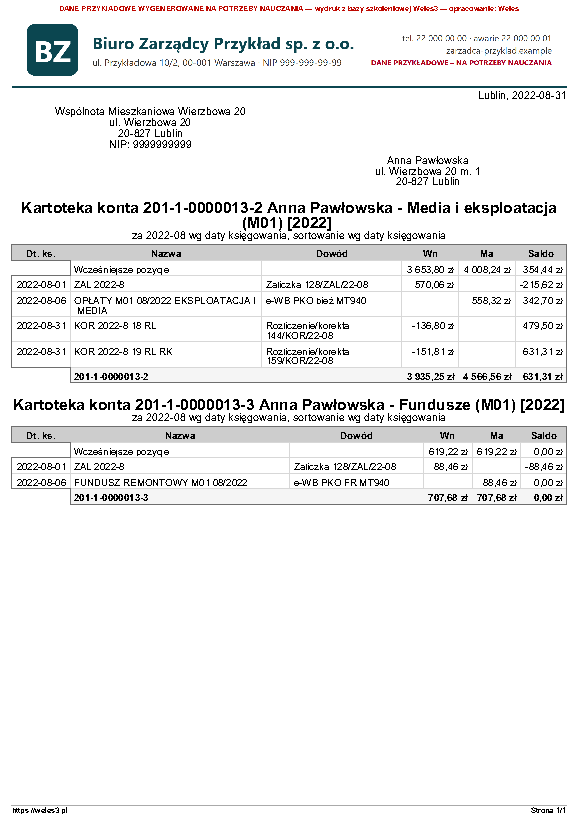 Przykładowy wydruk: Kartoteka konta – Poziom stronicowania: Analityka 3