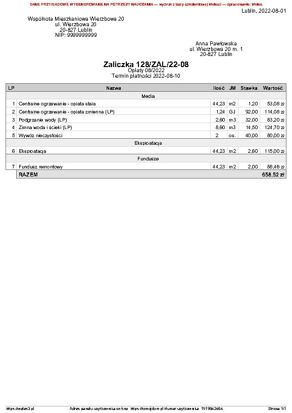Przykładowy wydruk: Użyj nagłówka: Nie używaj