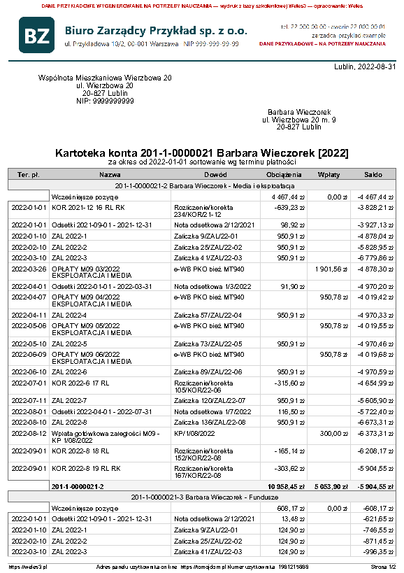 Przykładowy wydruk: Kartoteka konta (pozycjami) – Zakres: Wszystkie