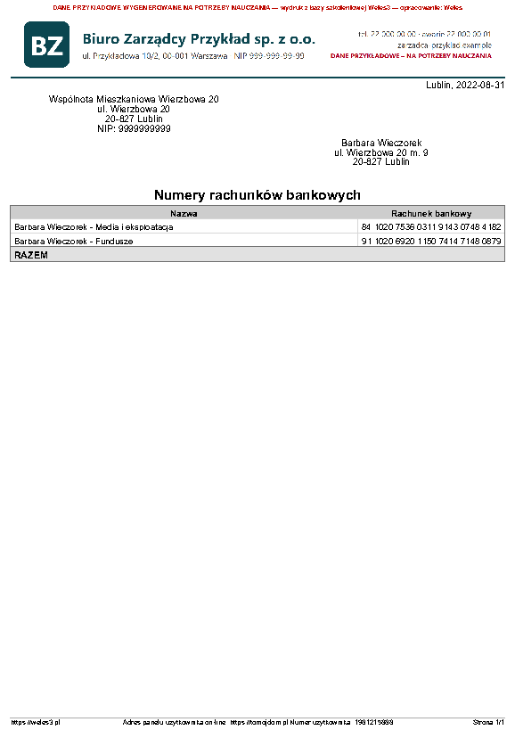 Przykładowy wydruk: Rozrachunki – Drukuj: Tylko numery rachunków