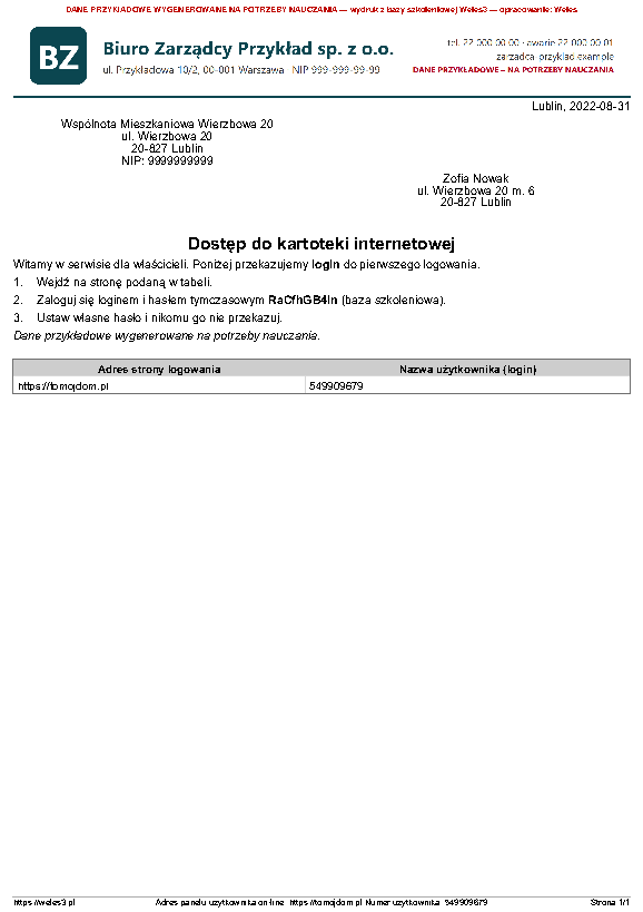 Przykładowy wydruk: Pismo z danymi logowania do portalu