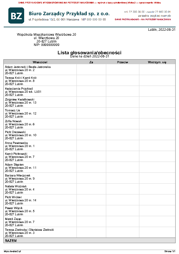 Przykładowy wydruk: Lista obecności i głosowania na zebranie