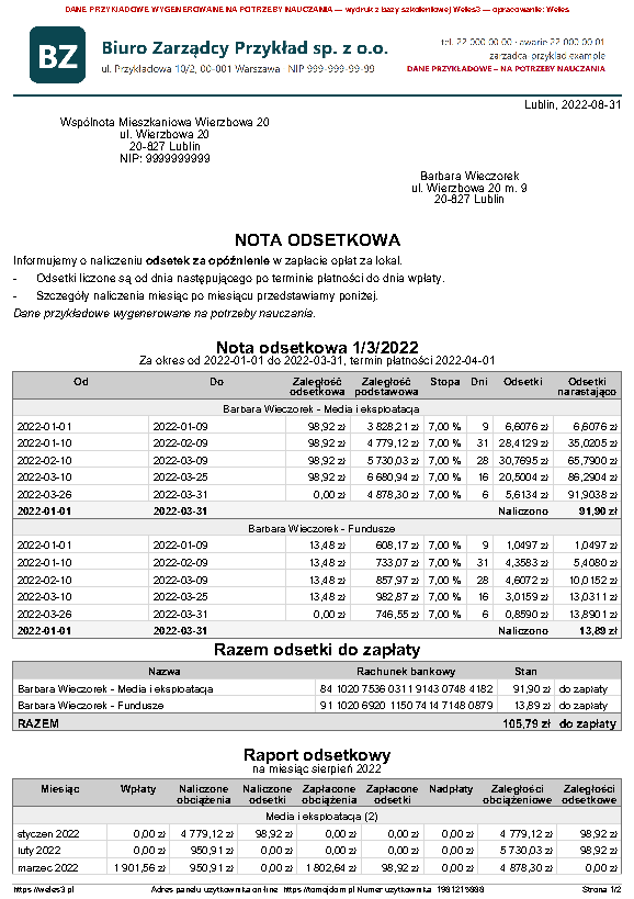 Przykładowy wydruk: Nota odsetkowa