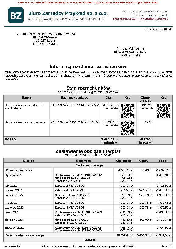 Przykładowy wydruk: Informacja o stanie rozrachunków (potwierdzenie salda)