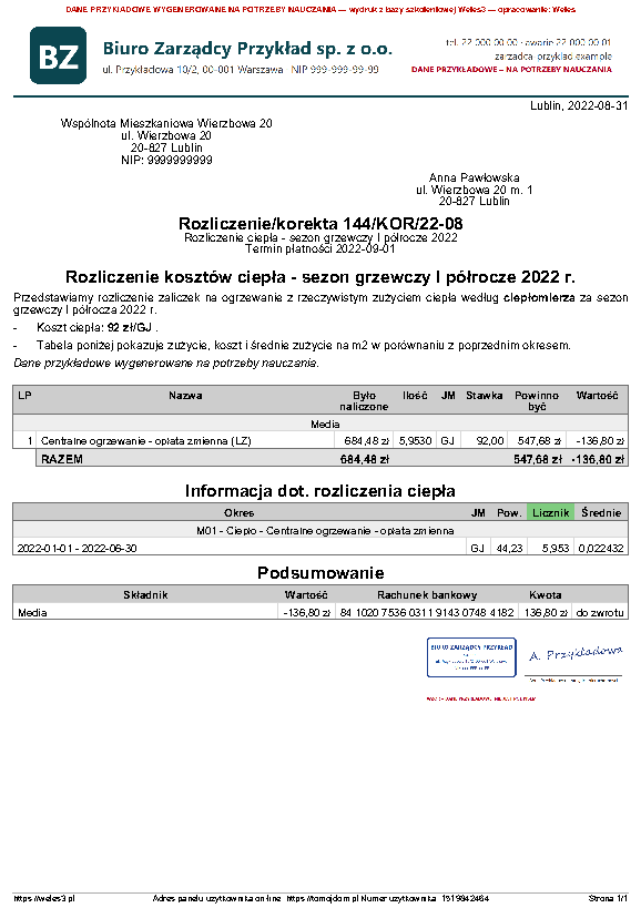 Przykładowy wydruk: Rozliczenie ciepła z informacją o kosztach i zużyciu