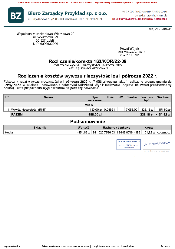Przykładowy wydruk: Rozliczenie kosztów (RK) – wywóz nieczystości