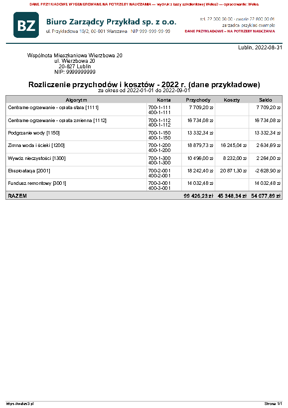 Przykładowy wydruk: Rozliczenie przychodów i kosztów / plan gospodarczy