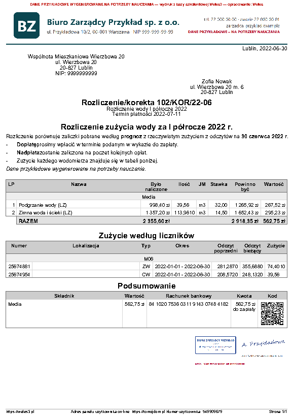 Przykładowy wydruk: Rozliczenie wody (RL) z zużyciem liczników