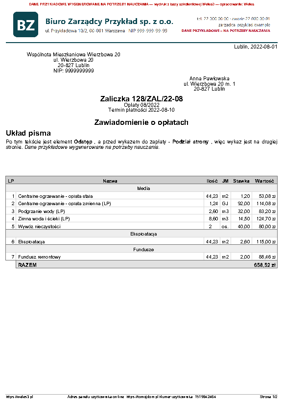 Przykładowy wydruk: Układ pisma: Odstęp i Podział strony