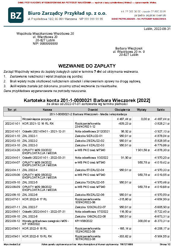 Przykładowy wydruk: Wezwanie do zapłaty dla dłużników
