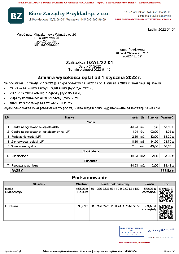 Przykładowy wydruk: Zawiadomienie o zmianie opłat od nowego roku