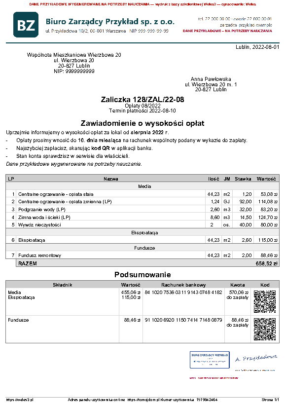Przykładowy wydruk: Zawiadomienie o wysokości opłat